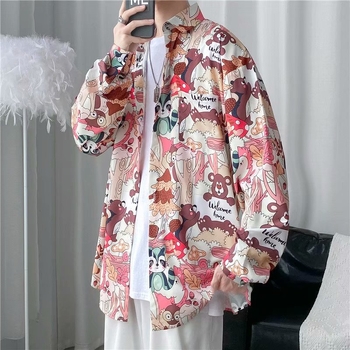 Jarná a jesenná trendy značka ins Retro Ruffian Handsome s dlhým rukávom a kvetinovým vzorom Pánske japonské voľné tričko s dlhým rukávom, hip-hopová pouličná bunda