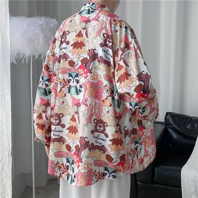 Jarná a jesenná trendy značka ins Retro Ruffian Handsome s dlhým rukávom a kvetinovým vzorom Pánske japonské voľné tričko s dlhým rukávom, hip-hopová pouličná bunda