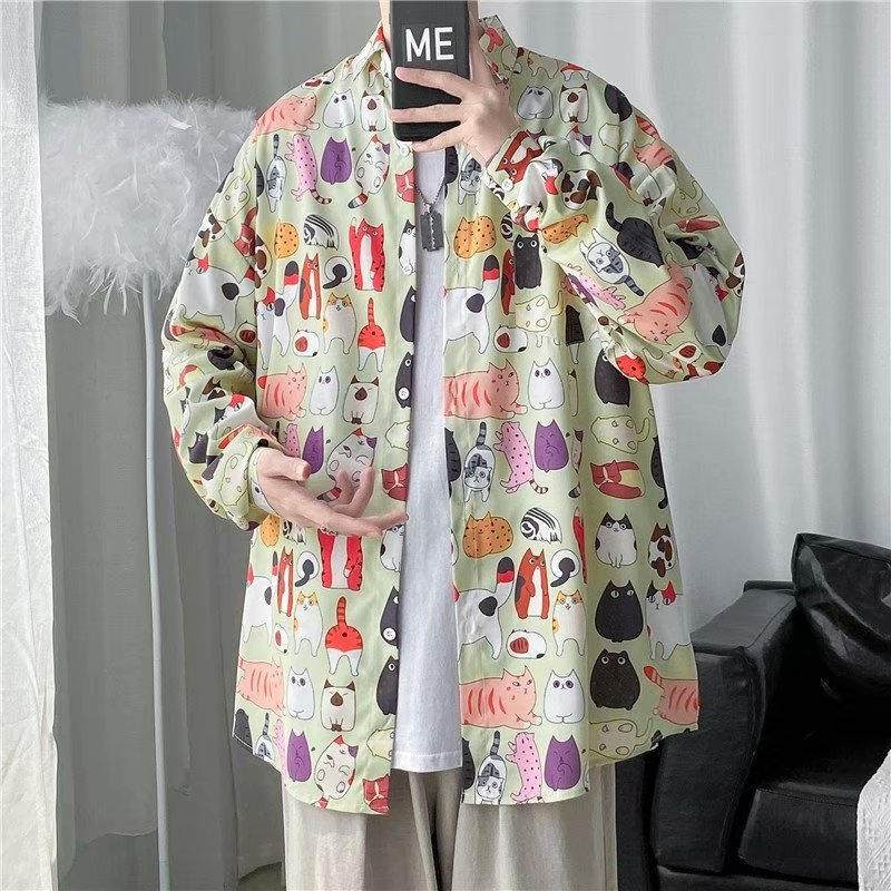 Jarná a jesenná trendy značka ins Retro Ruffian Handsome s dlhým rukávom a kvetinovým vzorom Pánske japonské voľné tričko s dlhým rukávom, hip-hopová pouličná bunda