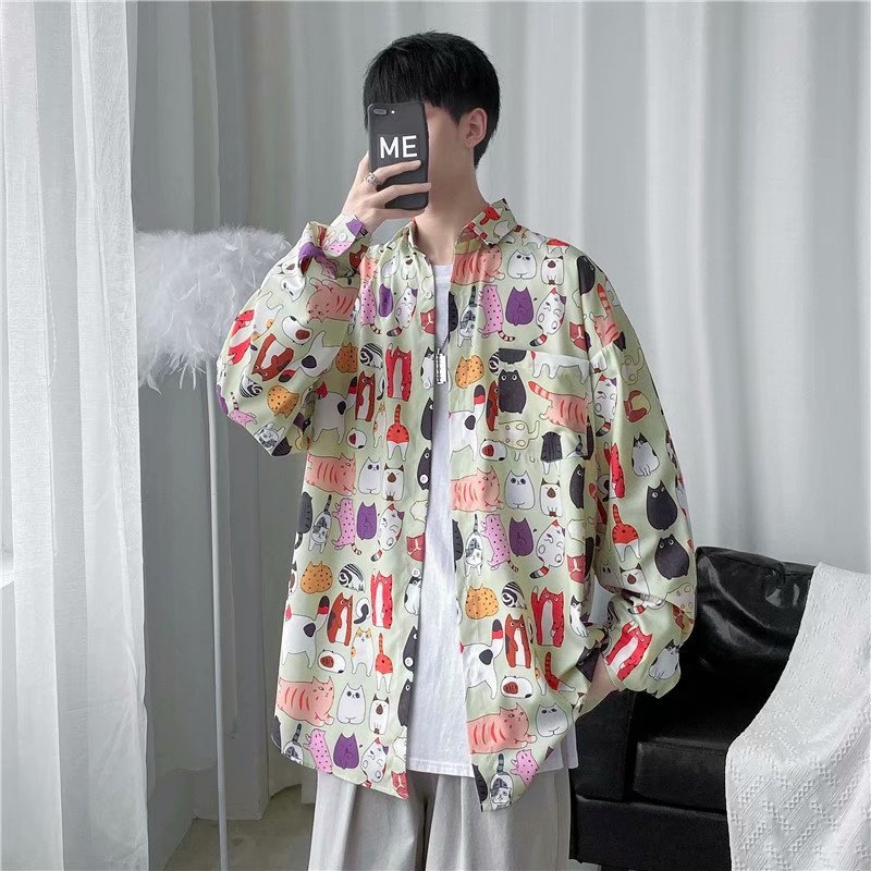 Jarná a jesenná trendy značka ins Retro Ruffian Handsome s dlhým rukávom a kvetinovým vzorom Pánske japonské voľné tričko s dlhým rukávom, hip-hopová pouličná bunda