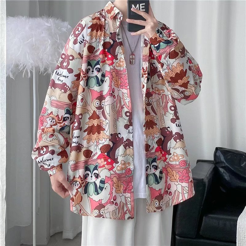 Jarná a jesenná trendy značka ins Retro Ruffian Handsome s dlhým rukávom a kvetinovým vzorom Pánske japonské voľné tričko s dlhým rukávom, hip-hopová pouličná bunda