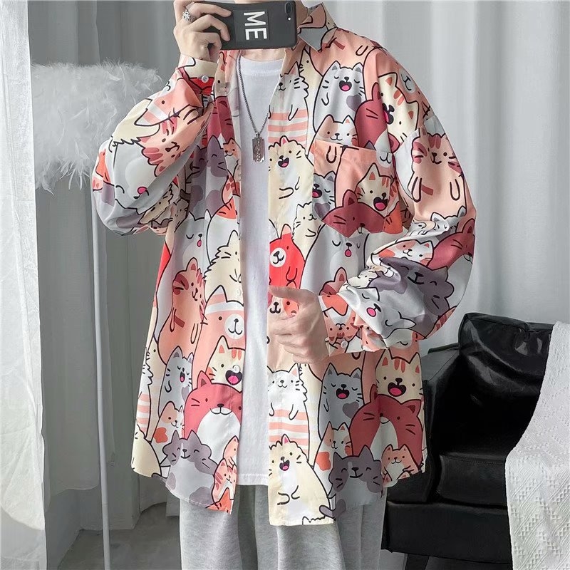 Jarná a jesenná trendy značka ins Retro Ruffian Handsome s dlhým rukávom a kvetinovým vzorom Pánske japonské voľné tričko s dlhým rukávom, hip-hopová pouličná bunda