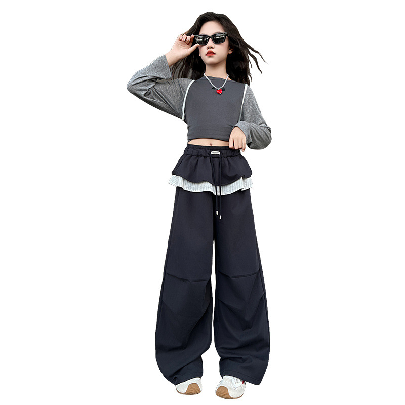 Poiste kevad- ja sügisesed laia säärega cargo-püksid 2025. aasta sügisstiilis ruudulised püksid vanematele lastele ja tüdrukutele, Zhuzhou Zhili laste riided