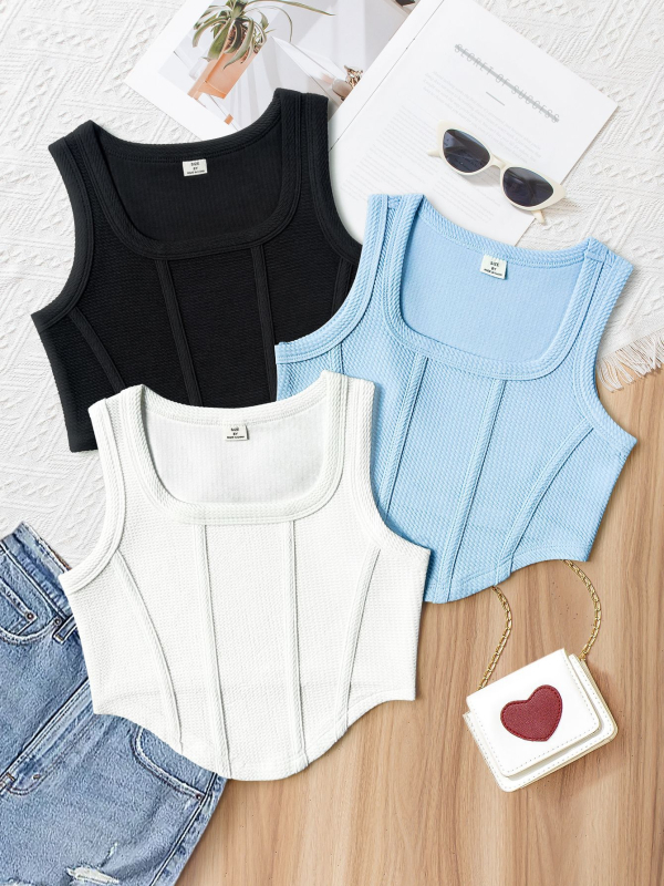 Djevojački uski top jednobojne modne majice od 3 dijela, ležerni sportski prsluk za djevojčice, pogodan za svakodnevne ležerne sportove