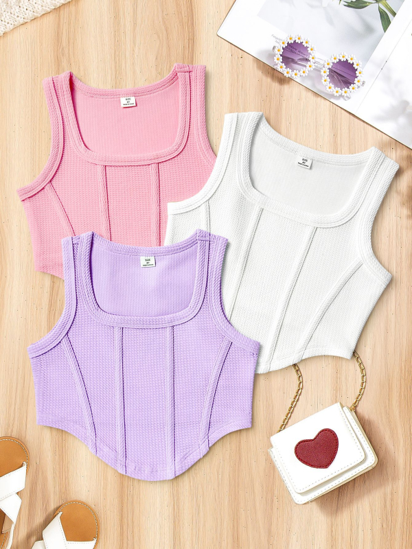 Djevojački uski top jednobojne modne majice od 3 dijela, ležerni sportski prsluk za djevojčice, pogodan za svakodnevne ležerne sportove