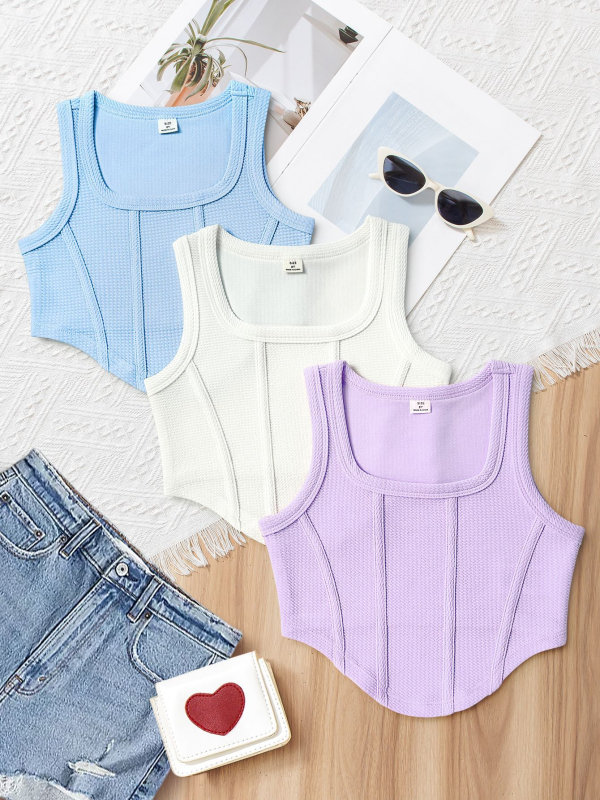 Djevojački uski top jednobojne modne majice od 3 dijela, ležerni sportski prsluk za djevojčice, pogodan za svakodnevne ležerne sportove