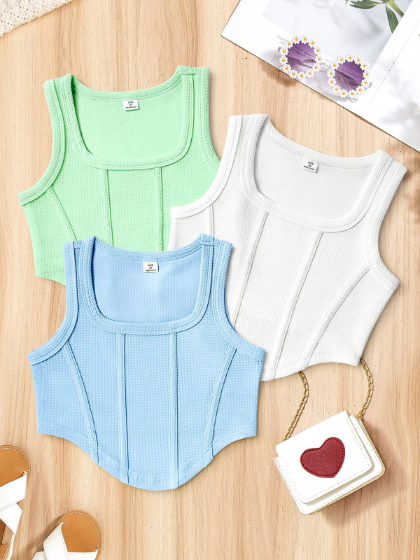 Djevojački uski top jednobojne modne majice od 3 dijela, ležerni sportski prsluk za djevojčice, pogodan za svakodnevne ležerne sportove