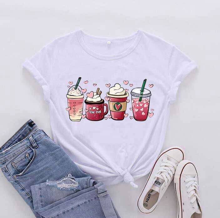 Tricou cu mânecă scurtă pentru femei, cu model alb-negru și stilou de Ziua Îndrăgostiților, comerț exterior european și american