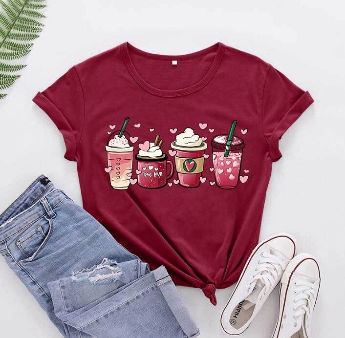 Tricou cu mânecă scurtă pentru femei, cu model alb-negru și stilou de Ziua Îndrăgostiților, comerț exterior european și american