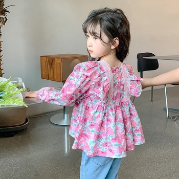 Момичешки ризи Есенни дрехи 2025 Нов стил Блузи с дълъг ръкав с флорални мотиви Бебешки ризи с дълъг ръкав в стил принцеса Горещ стил
