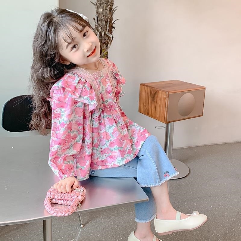 Момичешки ризи Есенни дрехи 2025 Нов стил Блузи с дълъг ръкав с флорални мотиви Бебешки ризи с дълъг ръкав в стил принцеса Горещ стил