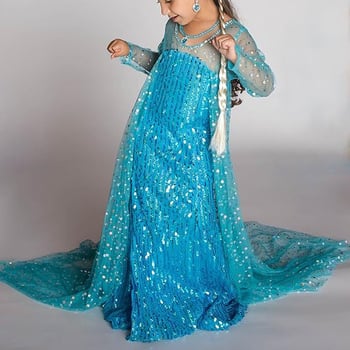 Рокля за момичета от Замръзналото кралство Елза, принцеса Елза с пайети и опашка, дълга рокля с цветна пелерина и детска рокля за фотография
