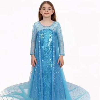 Рокля за момичета от Замръзналото кралство Елза, принцеса Елза с пайети и опашка, дълга рокля с цветна пелерина и детска рокля за фотография