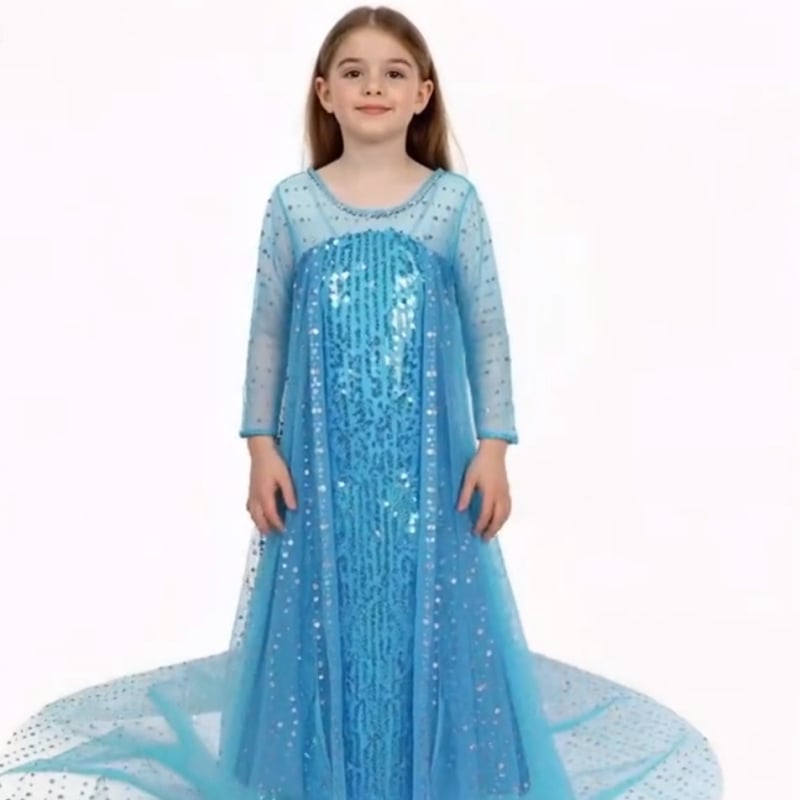 Рокля за момичета от Замръзналото кралство Елза, принцеса Елза с пайети и опашка, дълга рокля с цветна пелерина и детска рокля за фотография
