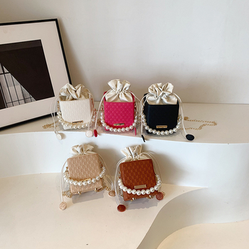 Γυναικεία τσάντα χειρός με μαργαριτάρια κορεατικού στιλ 2024, νέα μοντέρνα μικρή τετράγωνη τσάντα, μοντέρνα τσάντα ώμου με αλυσίδα, φθινοπωρινή καρό τσάντα κουβά