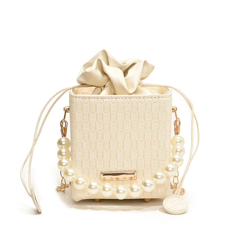 Γυναικεία τσάντα χειρός με μαργαριτάρια κορεατικού στιλ 2024, νέα μοντέρνα μικρή τετράγωνη τσάντα, μοντέρνα τσάντα ώμου με αλυσίδα, φθινοπωρινή καρό τσάντα κουβά