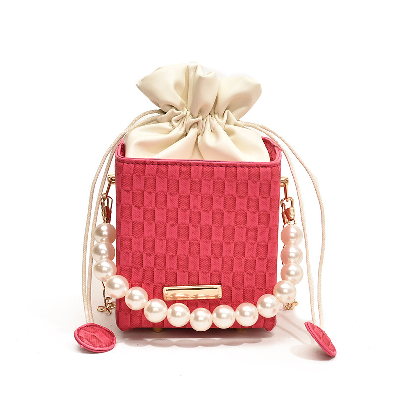 Γυναικεία τσάντα χειρός με μαργαριτάρια κορεατικού στιλ 2024, νέα μοντέρνα μικρή τετράγωνη τσάντα, μοντέρνα τσάντα ώμου με αλυσίδα, φθινοπωρινή καρό τσάντα κουβά