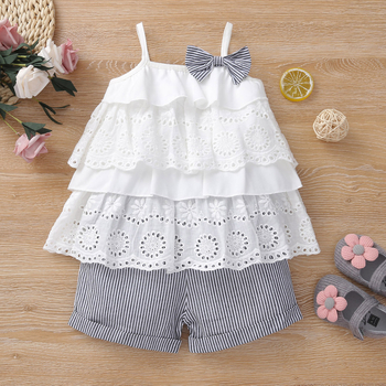 Παιδικά ρούχα Amazon Crossborder με φλοράλ δαντέλα, ριγέ σορτς για κορίτσια, σετ δύο τεμαχίων