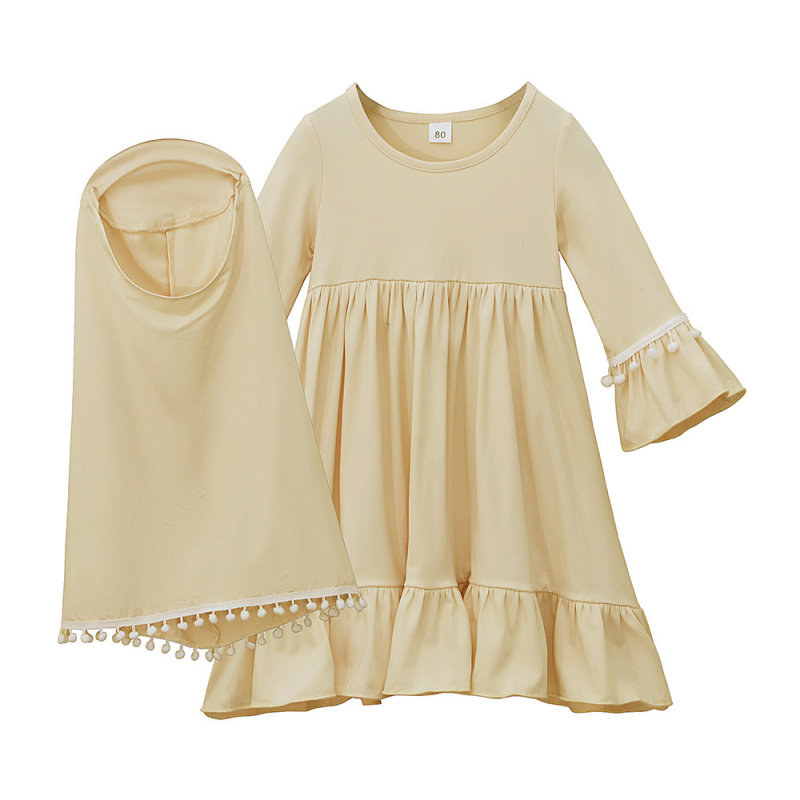 Rochie lungă cu mânecă lungă pentru femei și copii, rochie europeană și americană de primăvară și toamnă, cu turban, din două piese, pentru copii