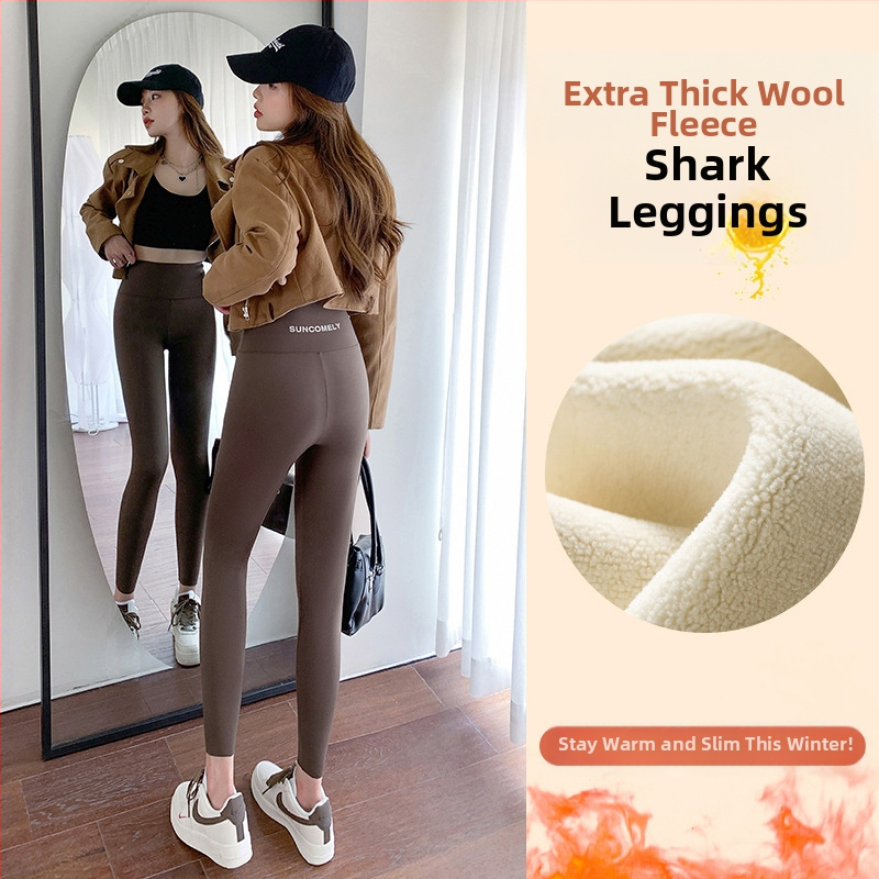 Κολάν από δέρμα καρχαρία από βελούδο αρνιού για γυναίκες, για να φορούν ως πανωφόρι τον χειμώνα, με φλις επένδυση και πυκνωτικό, ελαστικό παντελόνι γιόγκα Barbie με αδυνατιστική εμφάνιση, που δεν φουσκώνει.