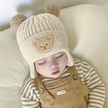 Căciulă caldă pentru copii, pentru băieți și fete, ursuleț drăguț tricotat, pălărie de lână de toamnă și de iarnă, stil coreean, pălărie de protecție a urechilor pentru copii