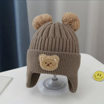 Căciulă caldă pentru copii, pentru băieți și fete, ursuleț drăguț tricotat, pălărie de lână de toamnă și de iarnă, stil coreean, pălărie de protecție a urechilor pentru copii