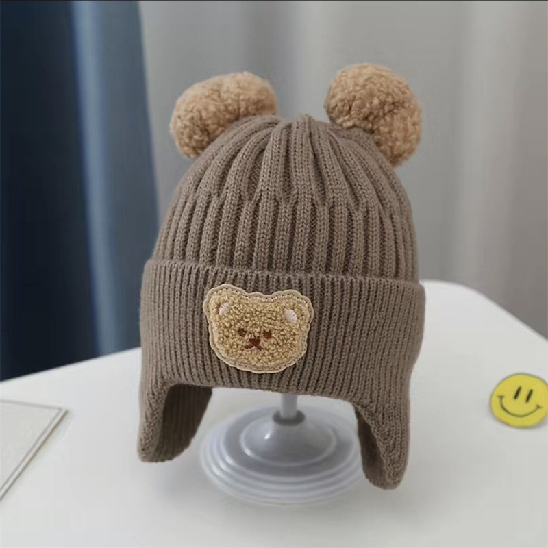 Căciulă caldă pentru copii, pentru băieți și fete, ursuleț drăguț tricotat, pălărie de lână de toamnă și de iarnă, stil coreean, pălărie de protecție a urechilor pentru copii