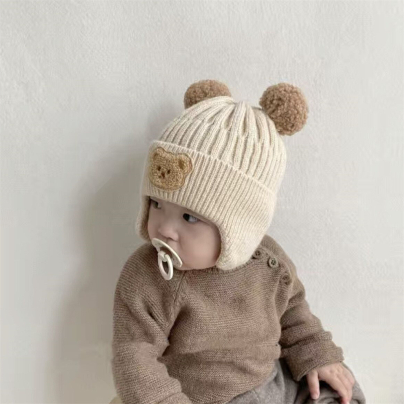 Căciulă caldă pentru copii, pentru băieți și fete, ursuleț drăguț tricotat, pălărie de lână de toamnă și de iarnă, stil coreean, pălărie de protecție a urechilor pentru copii