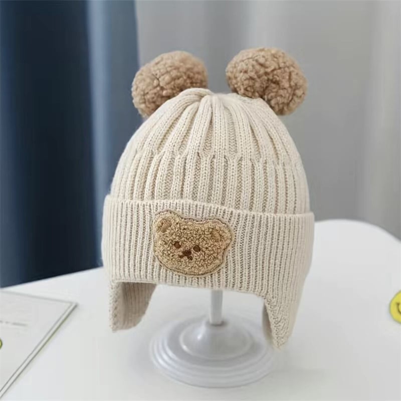 Căciulă caldă pentru copii, pentru băieți și fete, ursuleț drăguț tricotat, pălărie de lână de toamnă și de iarnă, stil coreean, pălărie de protecție a urechilor pentru copii