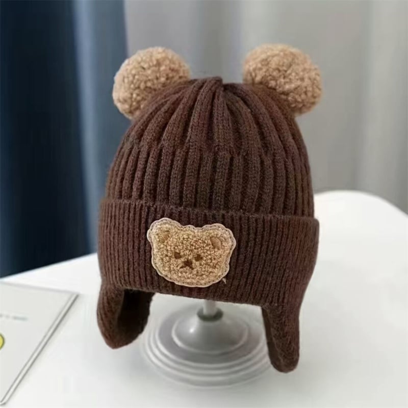 Căciulă caldă pentru copii, pentru băieți și fete, ursuleț drăguț tricotat, pălărie de lână de toamnă și de iarnă, stil coreean, pălărie de protecție a urechilor pentru copii