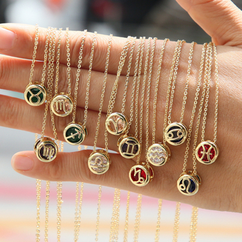 Karštai parduodamas žalvarinis dvipusis apvalus tuščiaviduris gruodžio spalvos cirkonio gimimo akmens dvylikos žvaigždynų pakabukas-vėrinys su tarpsieniu