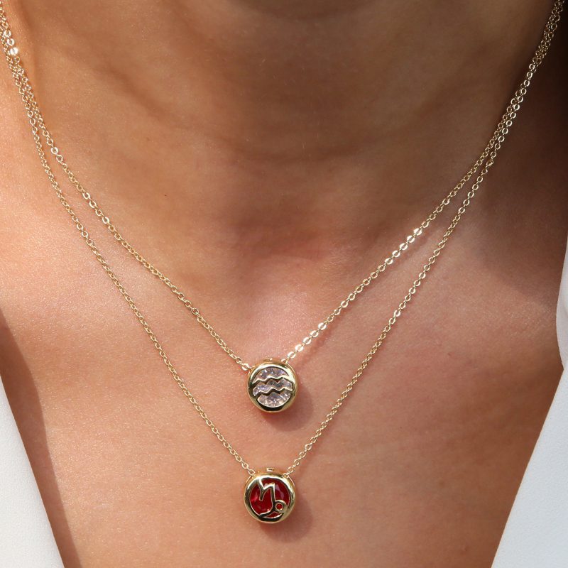 Karštai parduodamas žalvarinis dvipusis apvalus tuščiaviduris gruodžio spalvos cirkonio gimimo akmens dvylikos žvaigždynų pakabukas-vėrinys su tarpsieniu