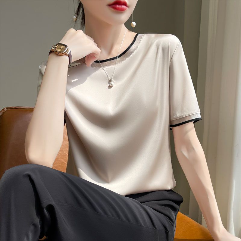 2025. aasta naiste suvine organza ümara kaelusega siidist lühikeste varrukatega satiinist alussärk äädikhappega lahtise sisemise mooruspuu siidist T-särk