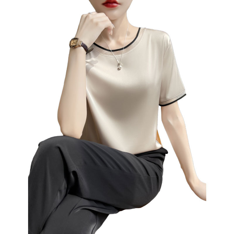 2025. aasta naiste suvine organza ümara kaelusega siidist lühikeste varrukatega satiinist alussärk äädikhappega lahtise sisemise mooruspuu siidist T-särk