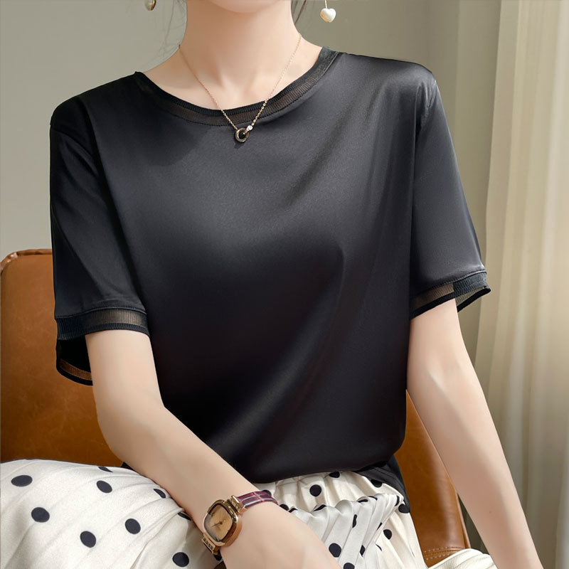 2025. aasta naiste suvine organza ümara kaelusega siidist lühikeste varrukatega satiinist alussärk äädikhappega lahtise sisemise mooruspuu siidist T-särk