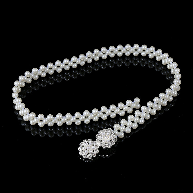 Balta pērļu vidukļa ķēde sieviešu modes plānas zibspuldzes rhinestones inkrustētas puķes ar kleitas blūzes elastīgo jostu