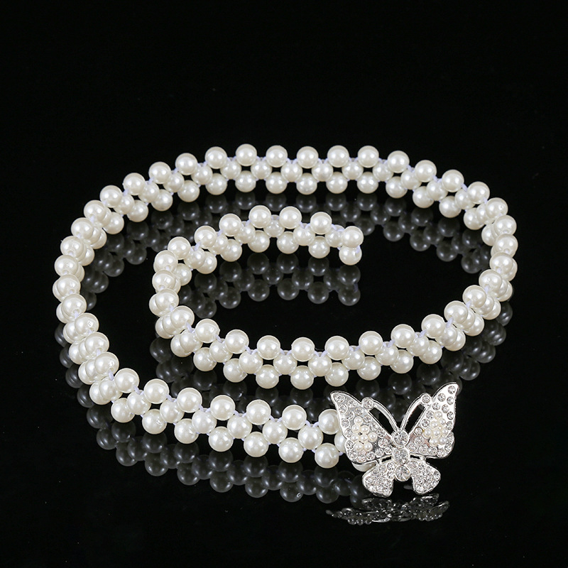 Balta pērļu vidukļa ķēde sieviešu modes plānas zibspuldzes rhinestones inkrustētas puķes ar kleitas blūzes elastīgo jostu