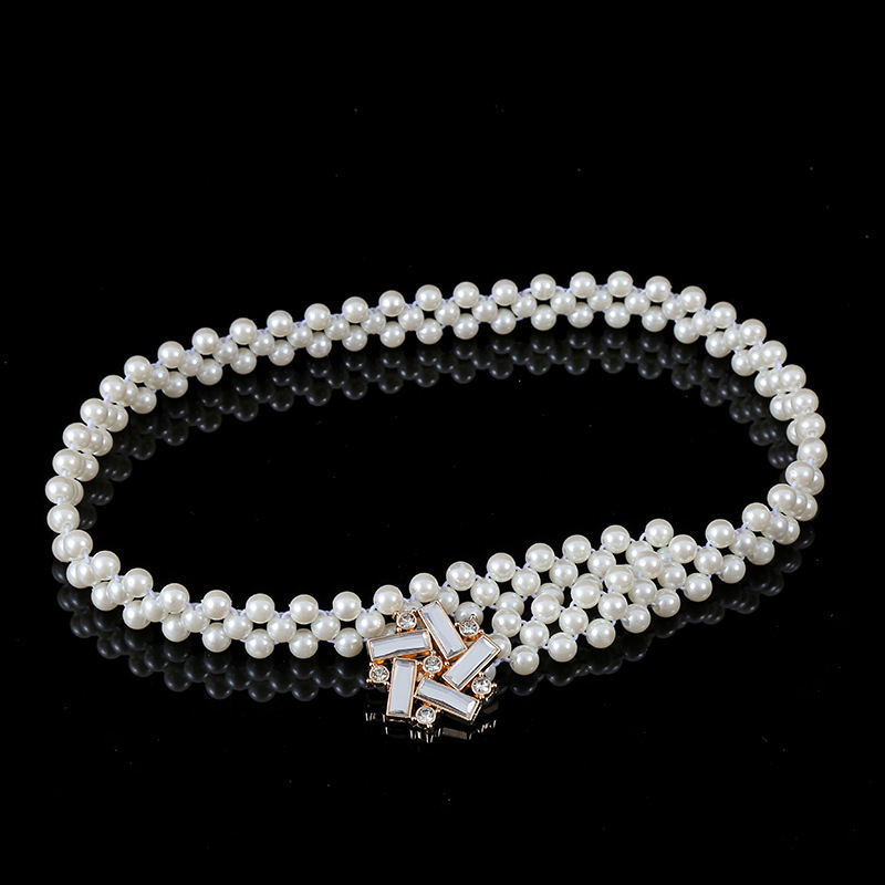 Balta pērļu vidukļa ķēde sieviešu modes plānas zibspuldzes rhinestones inkrustētas puķes ar kleitas blūzes elastīgo jostu