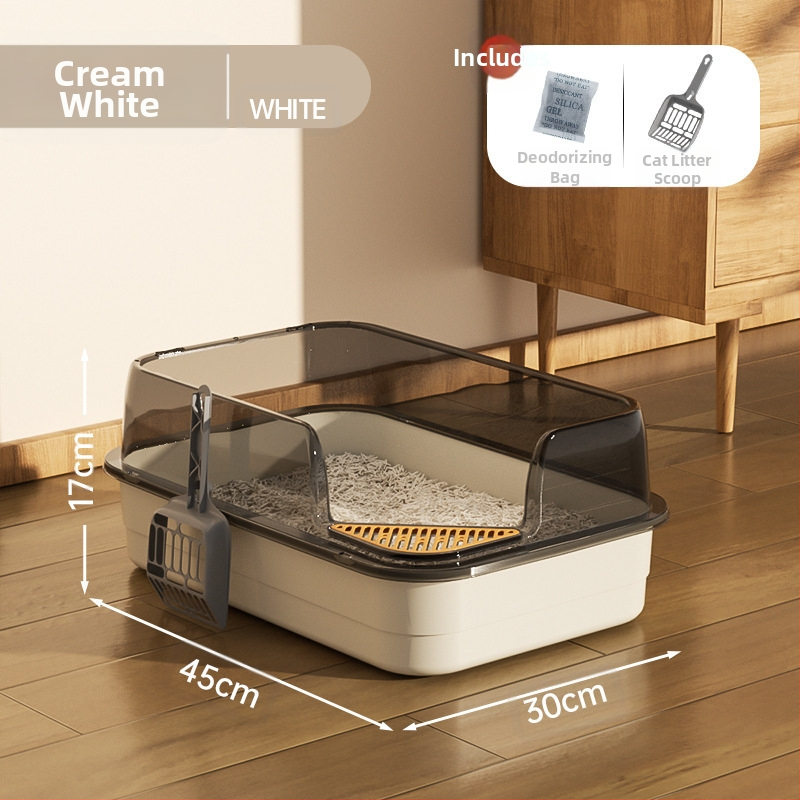 Kaķu tualetes izlietne ar lielu filtru, smilšu pedāli un pretšļakatu ventilāciju, daļēji slēgta kaķu pakaišu izlietne vairumtirdzniecībā.