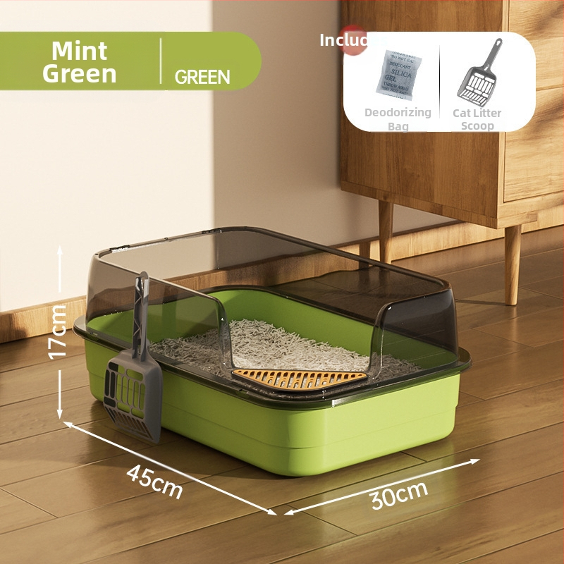 Kaķu tualetes izlietne ar lielu filtru, smilšu pedāli un pretšļakatu ventilāciju, daļēji slēgta kaķu pakaišu izlietne vairumtirdzniecībā.