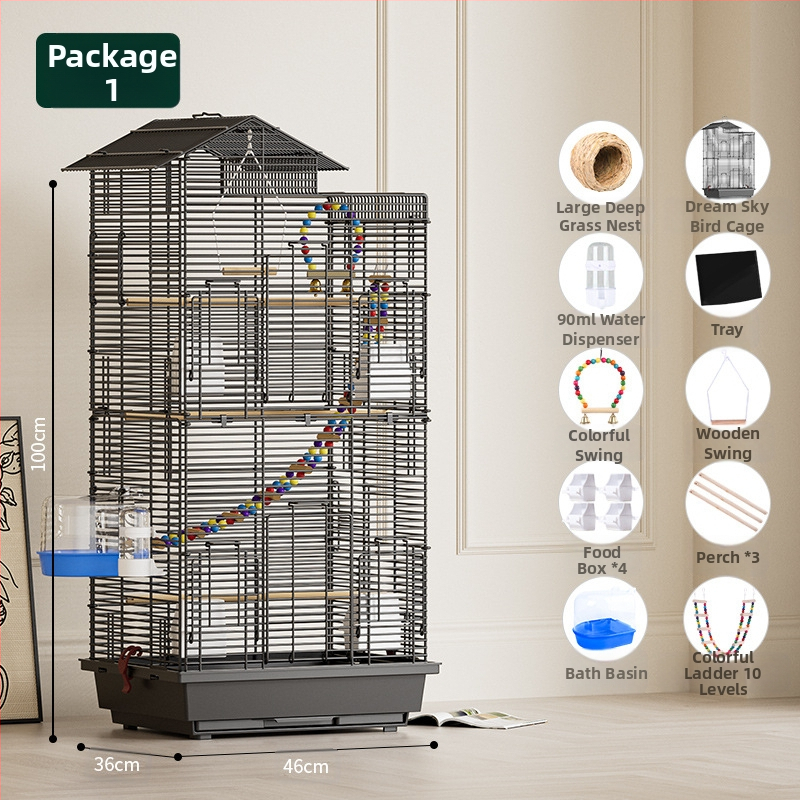 Papūgos paukščių narvelis, didelis vielinis namų dekoratyvus Xuanfeng bijūnų dviaukštis vilos formos narvelis, ypač didelis horizontalus vielinis metalinis narvelis