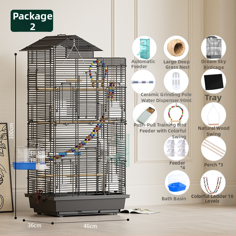 Papūgos paukščių narvelis, didelis vielinis namų dekoratyvus Xuanfeng bijūnų dviaukštis vilos formos narvelis, ypač didelis horizontalus vielinis metalinis narvelis