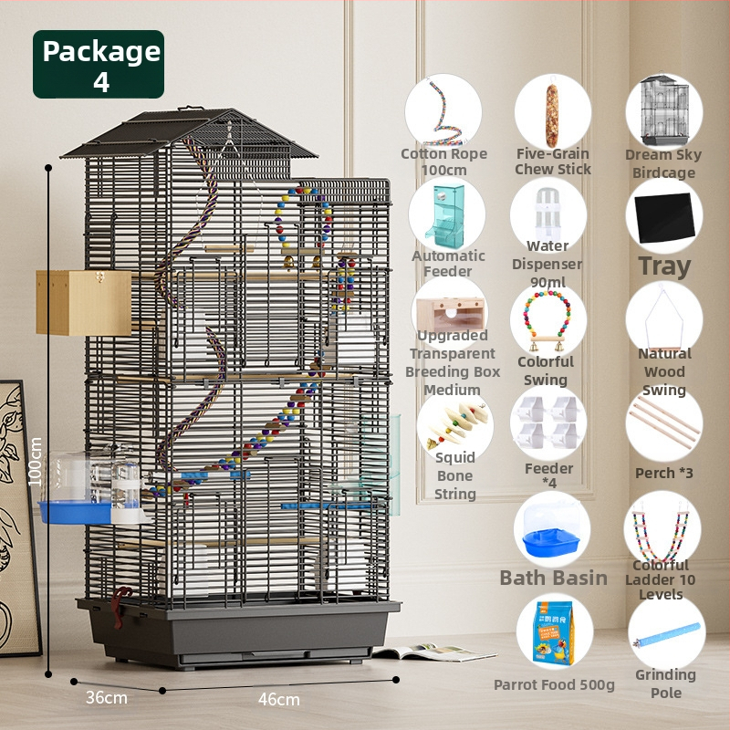 Papūgos paukščių narvelis, didelis vielinis namų dekoratyvus Xuanfeng bijūnų dviaukštis vilos formos narvelis, ypač didelis horizontalus vielinis metalinis narvelis