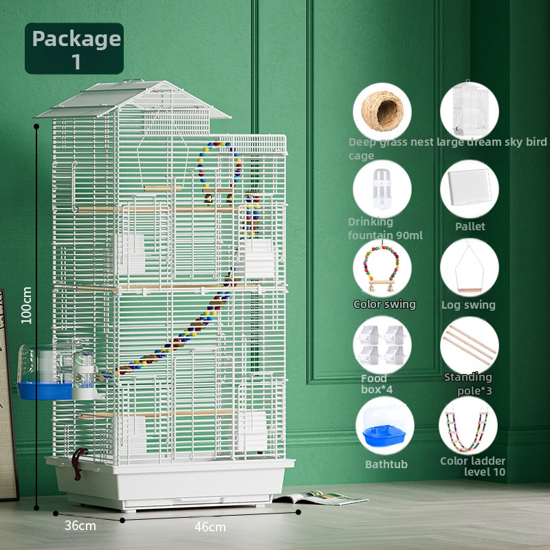 Papūgos paukščių narvelis, didelis vielinis namų dekoratyvus Xuanfeng bijūnų dviaukštis vilos formos narvelis, ypač didelis horizontalus vielinis metalinis narvelis