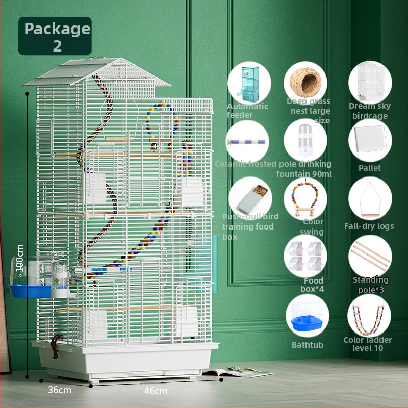 Papūgos paukščių narvelis, didelis vielinis namų dekoratyvus Xuanfeng bijūnų dviaukštis vilos formos narvelis, ypač didelis horizontalus vielinis metalinis narvelis