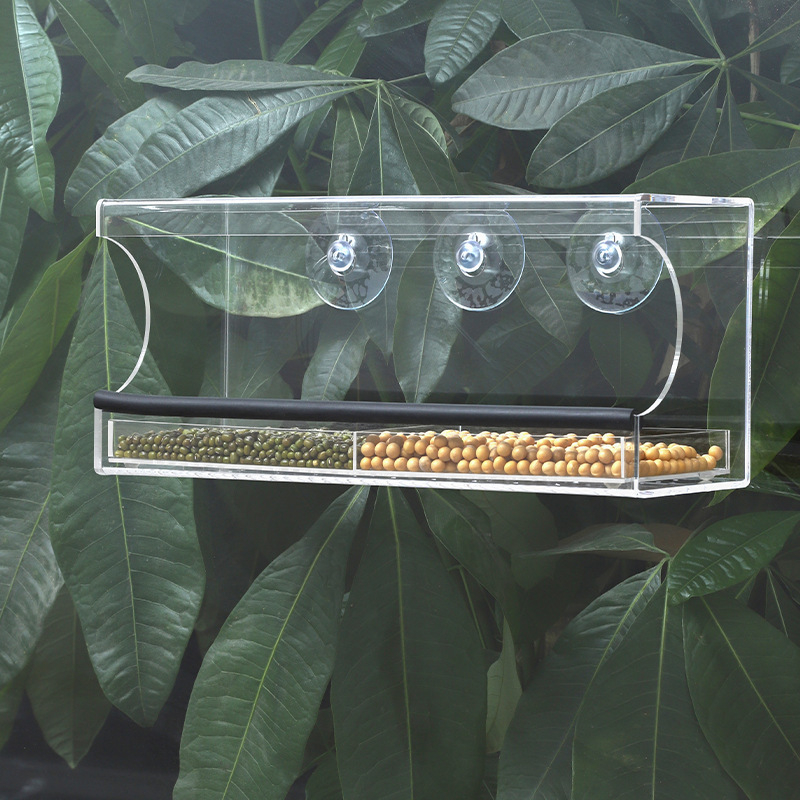 Tarpvalstybinis akrilinis paukščių narvelis, skaidrus, mažas naminių paukščių sieninis tiektuvas, lauko adsorbcinis plastikinis paukščių lesyklėlė