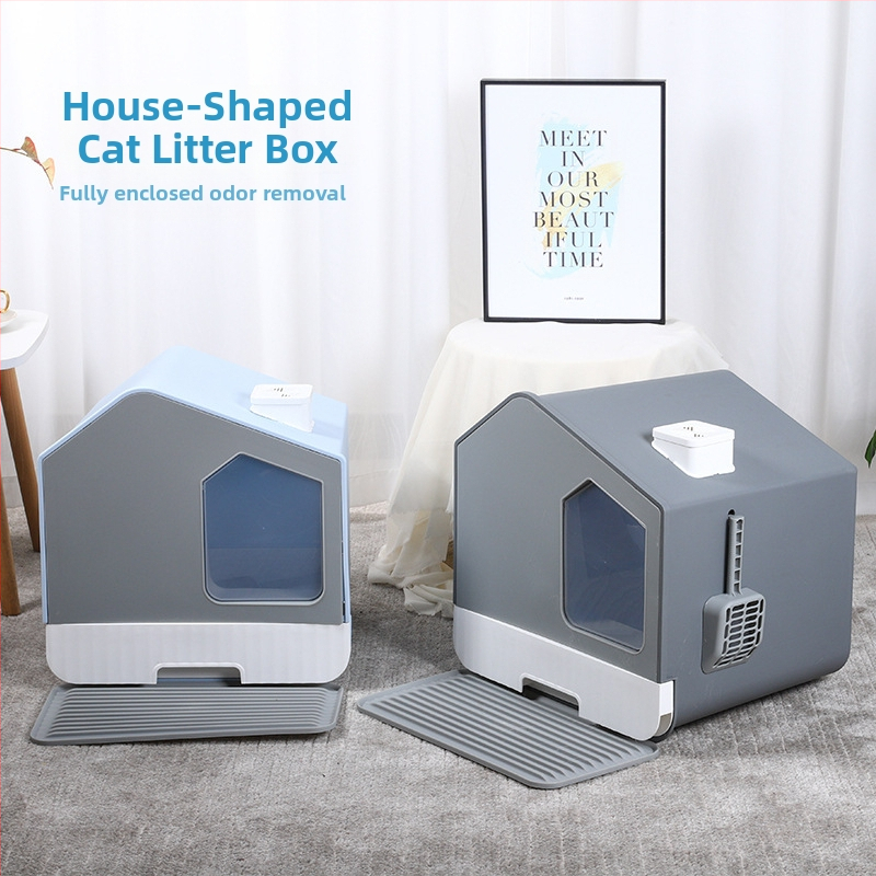 Mājas tipa kaķu pakaišu kaste ar pretšļakatu funkciju, liela, pilnībā slēgta atvilktne, kaķu tualete, dezodorants, jaunu kaķu pakaišu kaste, kaķu pakaišu kaste