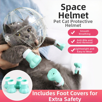 Katės galvos apdangalas su gaubtu, apsaugančiu nuo laižymo, apsaugančiu nuo įkandimo, permatomas, sferinis, kvėpuojantis. Elžbietos žiedo formos katės galvos apdangalas.