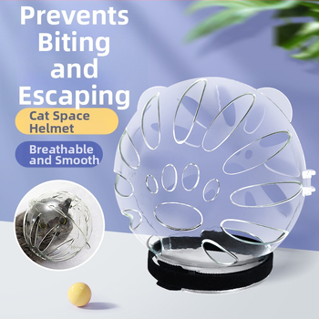 Katės galvos apdangalas su gaubtu, apsaugančiu nuo laižymo, apsaugančiu nuo įkandimo, permatomas, sferinis, kvėpuojantis. Elžbietos žiedo formos katės galvos apdangalas.