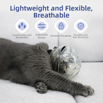 Katės galvos apdangalas su gaubtu, apsaugančiu nuo laižymo, apsaugančiu nuo įkandimo, permatomas, sferinis, kvėpuojantis. Elžbietos žiedo formos katės galvos apdangalas.
